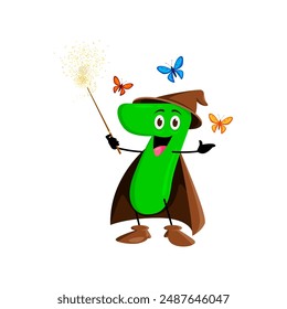 Cartoon math number seven Halloween wizard, witch and mage character. Isolated vector 7 whimsical figure wielding a sparkly wand, casting butterfly spells with a mischievous charm. in numerical realms