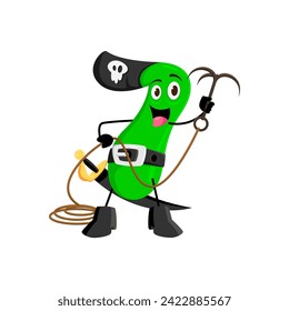 Cartoon math number seven pirate captain and corsair sailor character. Isolated vector 7 numeric personage with tricorn hat, mischievous grin, wields a grappling hook, ready for on high seas adventure