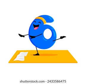 Cartoon math number six character on yoga fitness sport. Isolated vector lively 6 digit engages in yogi practice, making learning mathematics playful, dynamic and entertaining experience for children