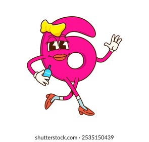 Matemáticas de dibujos animados número seis carácter groovy trotando de una manera lúdica, adornado con un lazo amarillo y sosteniendo una botella de agua. Vector aislado divertido dígito rosa aritmético 6 adorable personaje femenino