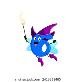 Cartoon math number six Halloween wizard, witch and mage character. Isolated vector whimsical 6 fairy numeric personage wields a sparkling wand, casting enchanting equations with a mischievous grin