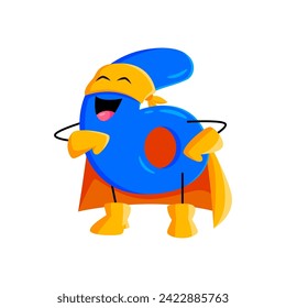 Cartoon math number six superhero character. Isolated vector arithmetic educational digit 6 personage with adorable defender appearance, featuring a cheerful face, rounded shape, and blue color