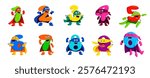 Cartoon math number superhero characters in hero capes, vector funny guardians. Cute kawaii numbers in superhero power mantle and masks for kids mathematics education numbers count learn