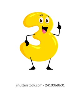 Cartoon math number three character with expressive eyes and cute charming smile, showing pointing gesture. Isolated vector funny yellow digit 3 personage perfect for children mathematics education
