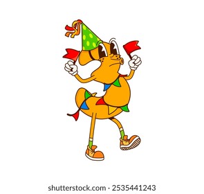 El personaje número tres de matemáticas de dibujos animados celebra la fiesta con una expresión encantadora. Vector aislado funky dígito de color naranja 3 personaje retro lleva sombrero festivo, envuelto en guirnalda, sosteniendo banderas