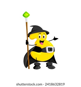 Cartoon math number three Halloween wizard, witch and mage character. Isolated vector numeric 3 personage wields a mystical staff, adorned with hat and cloak, solving equations with wise expression