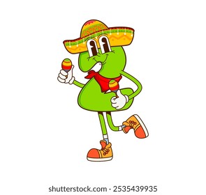 Cartoon matemática número dois groovy mariachi personagem músico em sombrero tocando e dançando com maracas. Vetor isolado engraçado educacional de 2 dígitos personage para educação infantil, jogo ou aprendizagem divertida