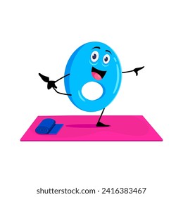 Cartoon math number zero character on yoga fitness sport. Isolated vector lively 0 numeric personage engages playful asana poses, combining calculation learning and pilates in fun educational session