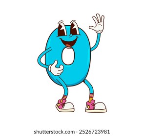 Cartoon math number zero groovy character. Isolated vector funny school numeral 0 personage featuring cute, playful smiling face and bright blue color, ready for kids education and children games