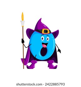 Cartoon math number zero Halloween wizard, witch and mage character. Isolated vector 0 personage wields a mystical staff, that brings numerical magic to life, making learning a fantastical adventure