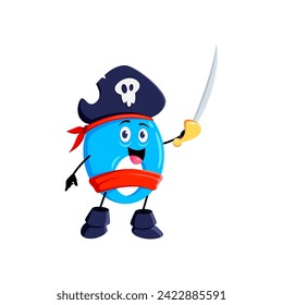 Cartoon math number zero pirate captain and corsair sailor character. Isolated vector numeral 0 personage in tricorn hat, wide grin, and a sword raised high for arithmetic adventures on the high seas