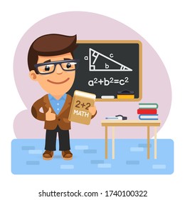 Cartoon math teacher with a book in the classroom in front of the blackboard with the formula of the Pythagorean theorem. Composition with a professional. Flat male character.