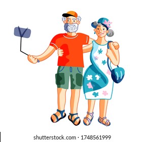 Cartoon mature family couple tourists characters taking selfie on mobile phone standing isolated on white. Old man and woman travelling. Aged lovers at rest, on trip. Vector flat illustration