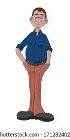 Cartoon mature man with glasses in blue shirt and pants