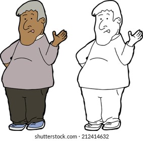 Cartoon of mature man talking and gesturing with hands