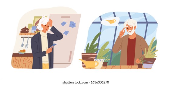 Cartoon mature woman looking on reminder sticker at refrigerator vector flat illustration. Aged male forgot watering flowers isolated on white. Concept of memory loss and alzheimer's disease