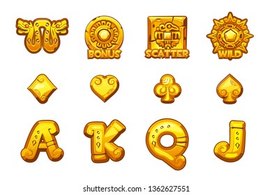 Cartoon MAYA Slots golden icons. Ancient Mexican mythology Vector symbols. Game casino, slot, UI. Set Icons on separate layers.