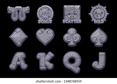 Cartoon MAYA Slots stone icons. Ancient Mexican mythology Vector symbols. American aztec, mayan culture native totem. Game casino, slot, UI. Icons on separate layers.