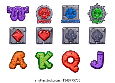 Cartoon MAYA Slots stone icons. Ancient Mexican mythology Vector symbols. American aztec, mayan culture native totem. Game casino, slot, UI. Set Icons on separate layers.