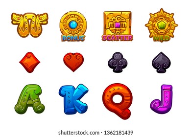 Cartoon MAYA Slots stone icons. Ancient Mexican mythology Vector symbols. Game casino, slot, UI. Set Icons on separate layers.