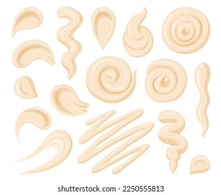 Cartoon mayo sauce stains. White sauce dip, sauce splash, fast food dressing, bechamel sauce flat vector illustration on white background