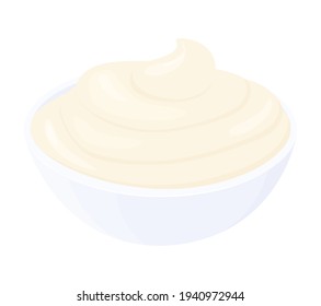 Cartoon-Mayonnaise in einer kleinen runden Schüssel. Cremige Sauce einzeln auf weißem Hintergrund, Seitenansicht.Kondition in Ramikin, Vektorgrafik.