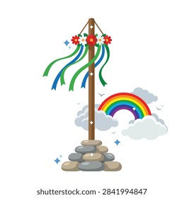 Cartoon maypole. Vector maypole. A festive midsummer pole illustration with a rainbow and clouds for summer solstice celebrations.
