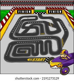 Cartoon Maze Game Education For Kids Help A Sports Car Race To Reach The Final. Vector Hand Drawn Illustration With Background