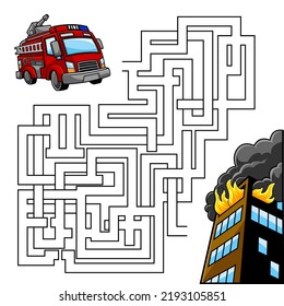 Cartoon Maze Game Education For Kids Help The Fire Truck Get To The Burning Building  Vector Hand Drawn Illustration Isolated On White Background