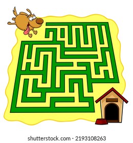 Cartoon Maze Game Education For Kids Help The Dog Get To His House. Vector Hand Drawn Illustration Isolated On White Background