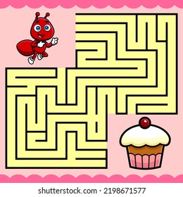 Cartoon Maze Game Education For Kids Help Тhe Ant Reach Тhe Cupcake. Vector Hand Drawn Illustration With Background