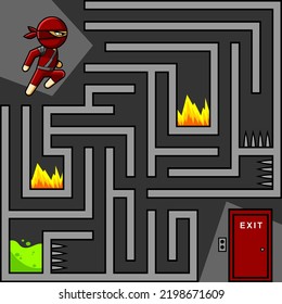 Cartoon Maze Game Education For Kids Help Ninja Warrior Pass The Obstacles And Reaches A Way Out. Vector Hand Drawn Illustration With Background