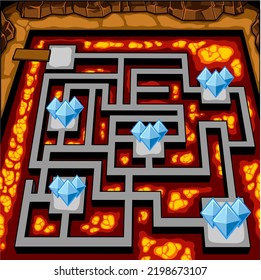 Cartoon Maze Game Education For Kids Collect All Diamonds, Passing Through Lava Hinds. Vector Hand Drawn Illustration With Background