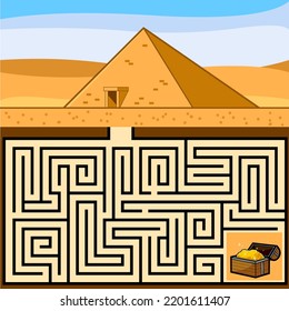 Cartoon Maze Game Education For Kids Go Through The Dungeons Of The Pyramid And Reach The Treasure. Vector Hand Drawn Illustration With Background