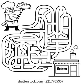 La Educación De Los Niños En El Juego De Maze De Caricatura Ayuda A Los Baker A Ir A La Panadería. Ilustración dibujada a mano vectorial aislada en fondo blanco