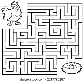 Cartoon Maze Game Education For Kids Help The Hen To Reach The Nest With The Eggs. Vector Hand Drawn Illustration Isolated On White Background