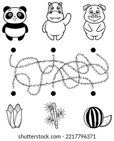 Cartoon Maze Game Education For Kids Help The Panda, Hippo And Pig Get To Their Food. Vector Hand Drawn Illustration Isolated On White Background