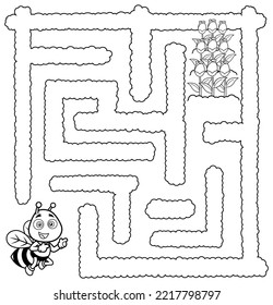 Cartoon Maze Game Education For Kids Help The Bee Reach The Alley With Flowers. Vector Hand Drawn Illustration Isolated On White Background