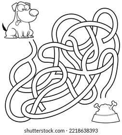 Cartoon Maze Game Education For Kids Help the Dog Get To The Food. Vector Hand Drawn Illustration Isolated On White Background