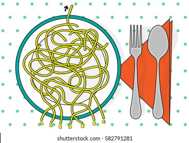 Cartoon maze game for kids Num.02 Spaghetti labyrinth vector puzzle illustration