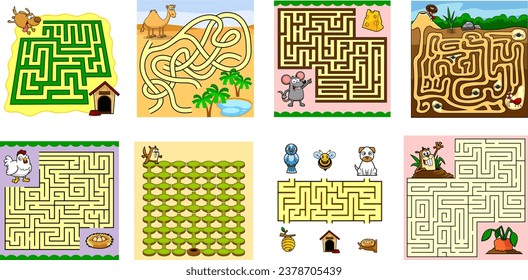 Cartoon Maze Games Education For Kids. Vector Hand Drawn Collection Set Isolated On Transparent Background