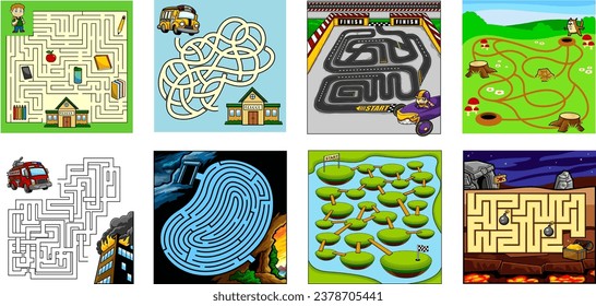 Cartoon Maze Games Education For Kids. Vector Hand Drawn Collection Set Isolated On Transparent Background