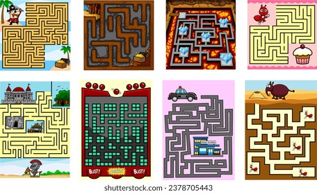 Cartoon Maze Games Education For Kids. Vector Hand Drawn Collection Set Isolated On Transparent Background