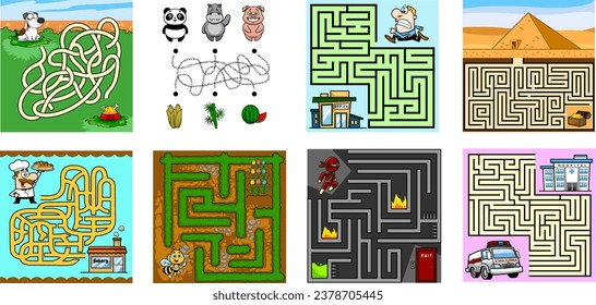 Cartoon Maze Games Education For Kids. Vector Hand Drawn Collection Set Isolated On Transparent Background