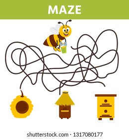 Cartoon maze for kids with cute bee and hive. Labyrinth. Maze game for kids. Development activity for preschool children.