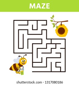 Cartoon maze for kids with cute bee and hive. Labyrinth. Maze game for kids. Development activity for preschool children.