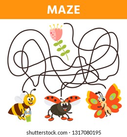 Cartoon maze for kids with cute bee and flower. Labyrinth. Maze game for kids. Development activity for preschool children.