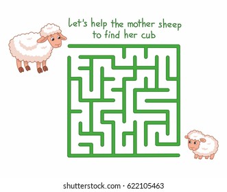 Cartoon maze for kids with mother sheep and cute lamb.