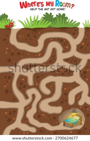 Cartoon maze puzzle: help the ant find its way through winding tunnels to a cozy underground room with a bed and lamp.