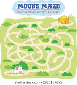 A cartoon maze shows a white mouse trying to reach a yellow cheese. Fun and colorful, perfect for kids to play.